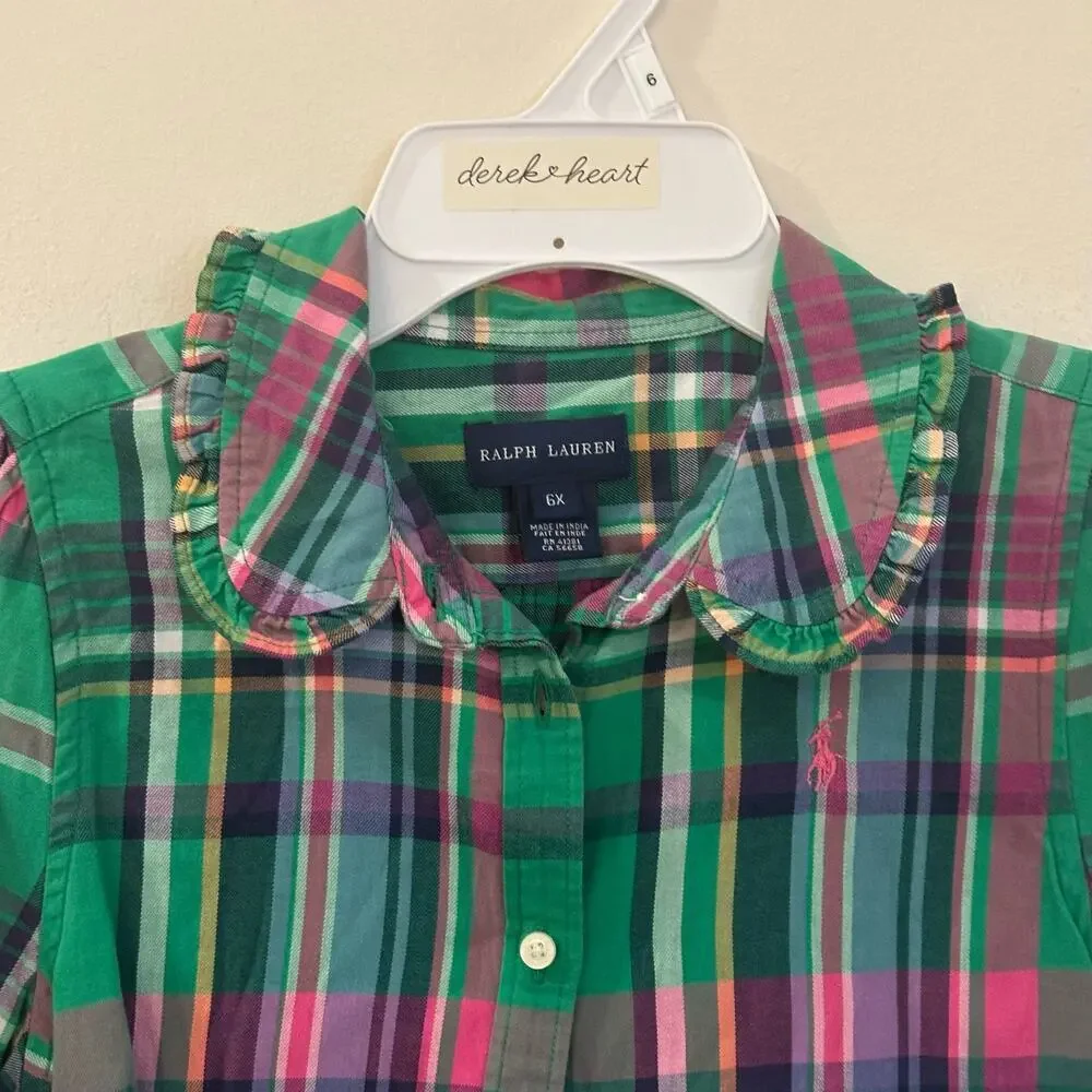 Girls Ralph Lauren Plaid Shirt sz 6X Ruffle collar Button Down Shirt Pink Green